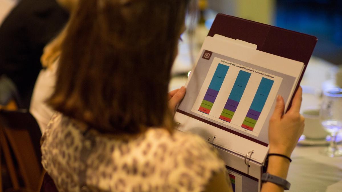 Alumni looks at bar chart